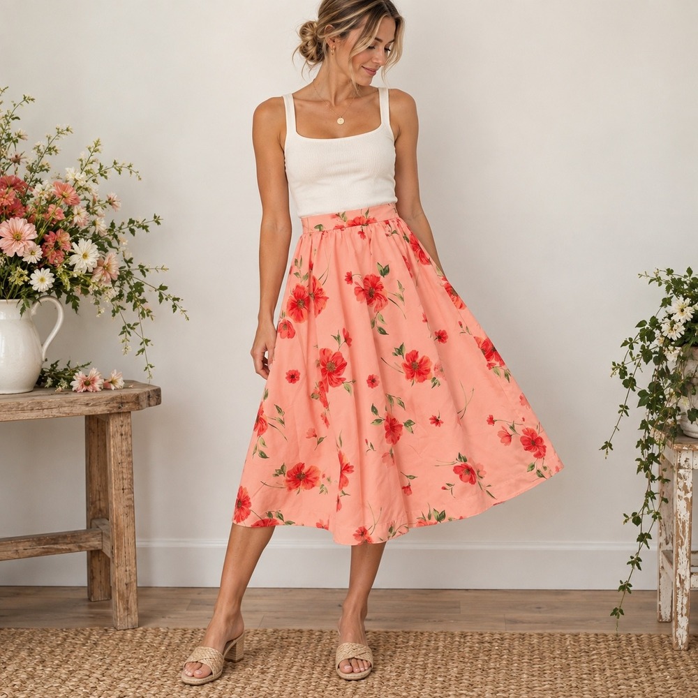 Old Navy The Occasion Pink Floral Midi Full Skirt Taffeta LP Botanical Garden